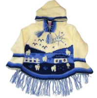 hooded farm scene jumper, blue and cream