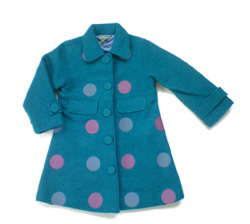 MALA petrol blue wool coat with pink spots at Tootsie and Fudge