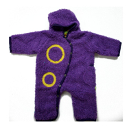 MALA purple all-in-one fleece suit with funky yellow and purple patterned lining from Tootsie and Fudge