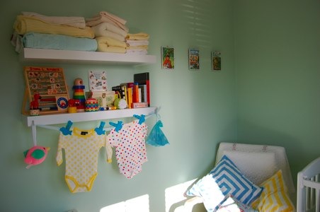 ikea chair and decorated shelves