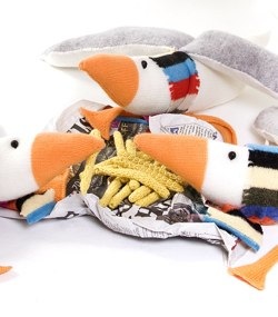 cardigan's woollen seagulls eating woollen fish and chips